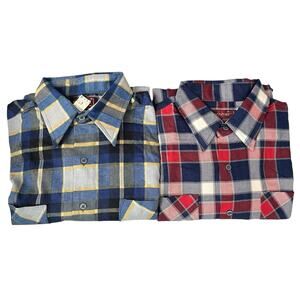 Vintage Kingsport 2 Flannel Shirts Sz Medium 100% Cotton Red Blue Plaid NOS NEW